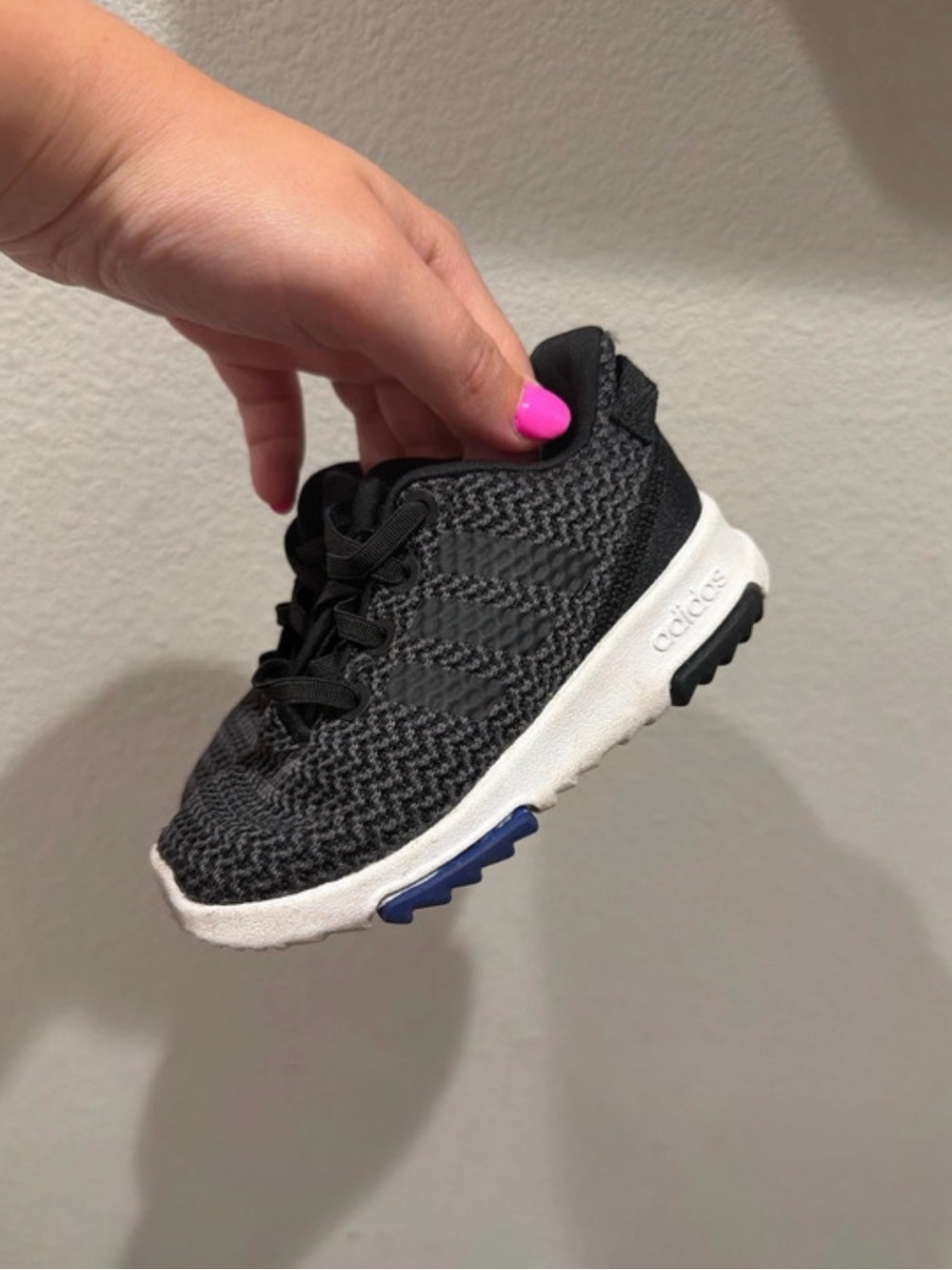 adidas Kids Black Knit Sneakers with White Midsole and Blue Accent